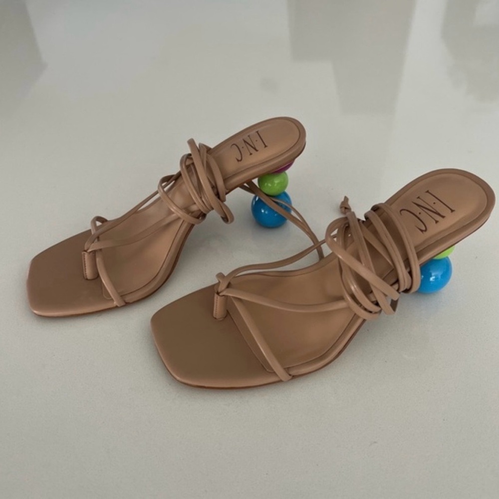 INC International Concepts Women's Tan Strappy Sandals with Colorful Heel. 9.